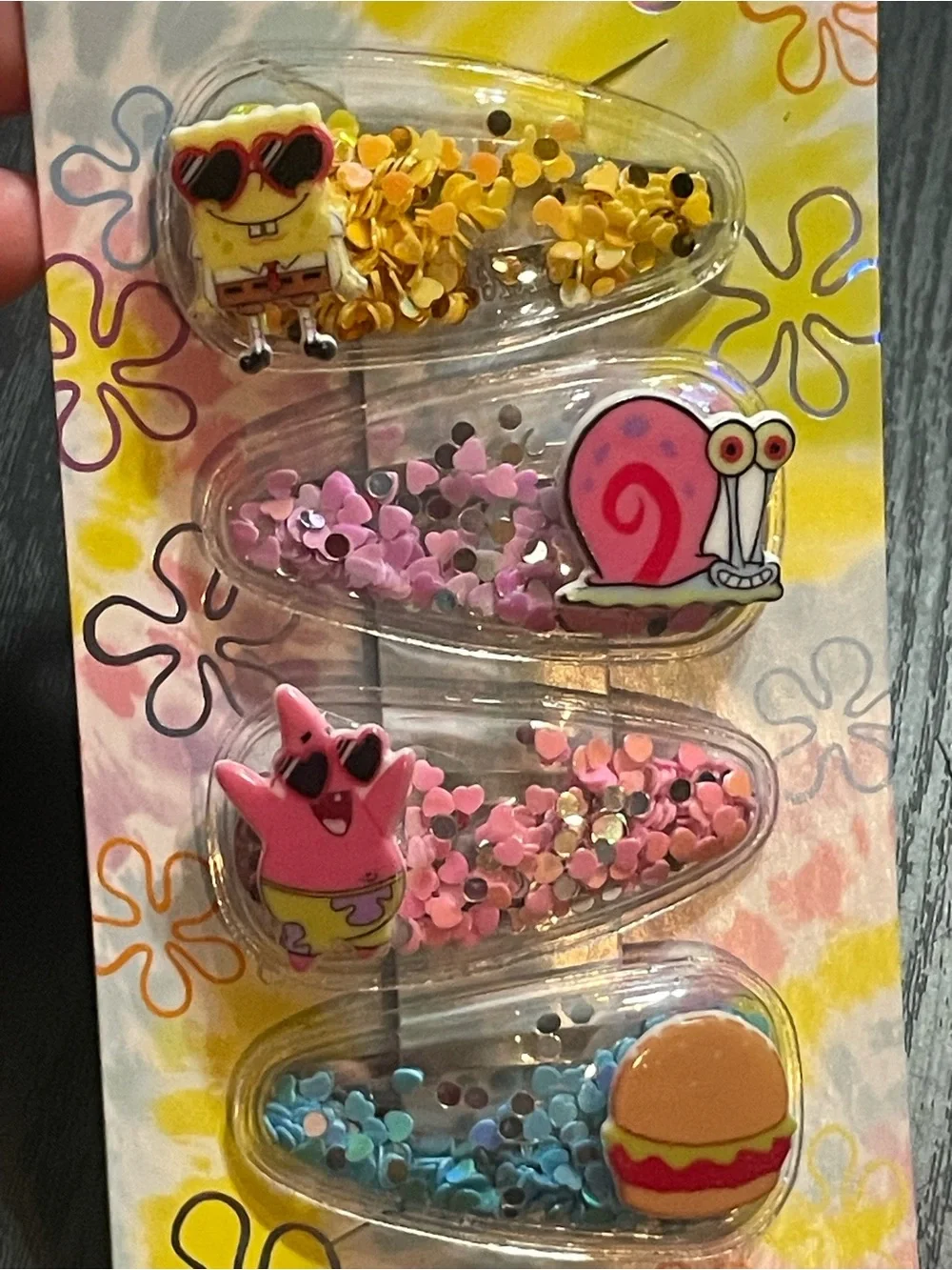 NWT Justice SpongeBob SquarePants Glitter Shaker Snap Hair Clips 4 Pack
